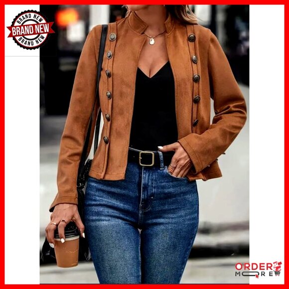 Faux Suede Cropped Jacket Slim Fit Double Breasted Vintage Coat Women - Picture 3 of 5